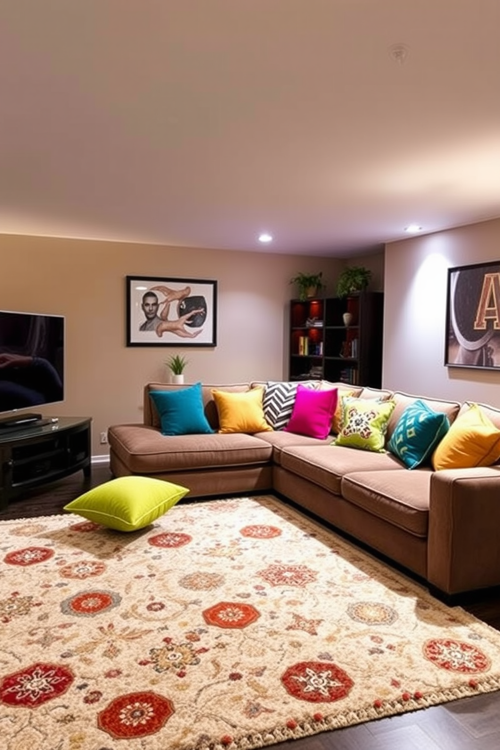 Colorful cushions in various shapes and sizes are scattered across a plush sectional sofa, adding a vibrant touch to the cozy basement living room. The room features soft ambient lighting, with a large area rug anchoring the seating area and enhancing the inviting atmosphere. A sleek entertainment center sits against one wall, adorned with decorative books and plants. The walls are painted in a warm neutral tone, creating a perfect backdrop for the bright cushions and inviting decor.