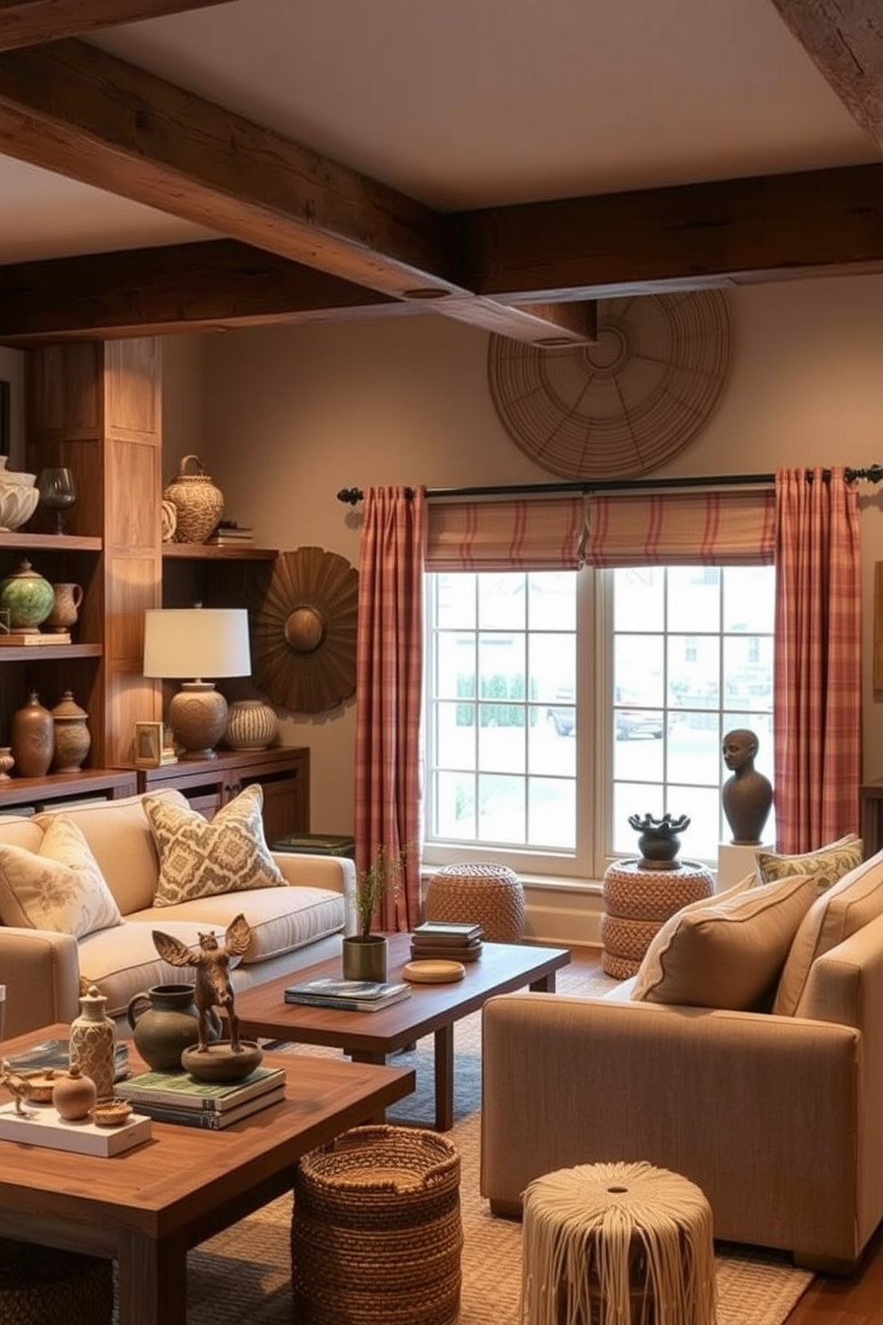 Open shelving lines the walls of a cozy basement living room, showcasing an eclectic mix of books and decorative items that add personality to the space. A plush sectional sofa faces a modern coffee table, creating an inviting area for relaxation and gatherings.