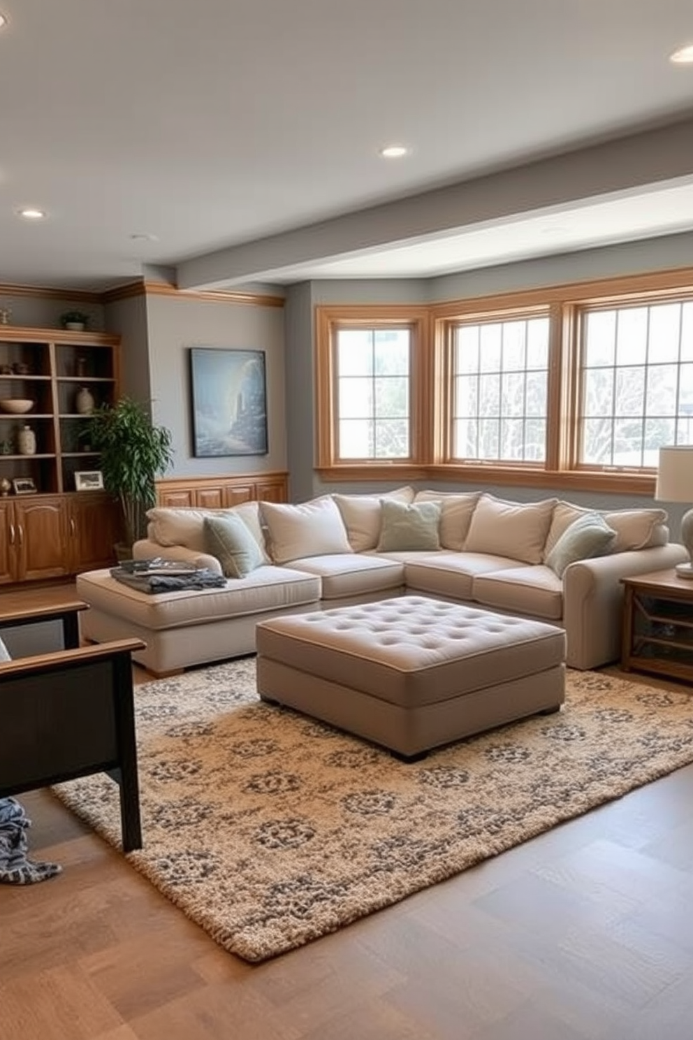 A comfortable ottoman is placed in the center of the basement living room, providing extra seating for guests. Surrounding the ottoman, a cozy sectional sofa in a neutral tone complements the warm wooden accents of the space. The walls are painted in a soft gray, creating a calm atmosphere, while large windows allow natural light to fill the room. A plush area rug adds texture underfoot, enhancing the inviting feel of the basement living area.