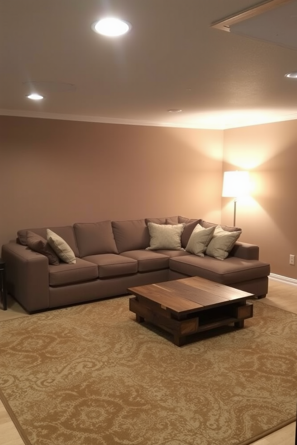 A cozy basement living room featuring warm lighting that creates an inviting atmosphere. The space includes a plush sectional sofa adorned with soft throw pillows and a rustic coffee table made of reclaimed wood. In the corner, a stylish floor lamp emits a soft glow, enhancing the room's comfort. The walls are painted in a warm taupe, complemented by a large area rug that adds texture and warmth underfoot.