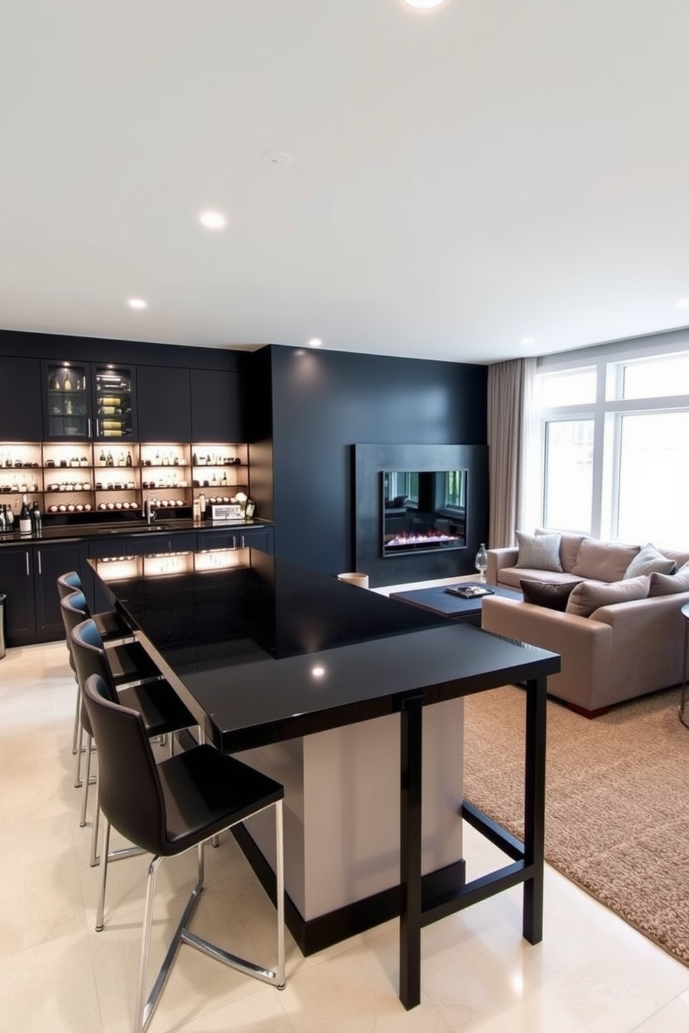 A sleek bar area designed for entertaining guests features a polished black countertop with stylish bar stools arranged around it. The backdrop showcases a custom wine rack illuminated by soft LED lighting, creating an inviting atmosphere for social gatherings. The basement living room is designed with a modern aesthetic, showcasing a large sectional sofa in a neutral tone facing a contemporary fireplace. Floor-to-ceiling windows provide ample natural light, complemented by strategically placed accent lighting for a cozy ambiance.