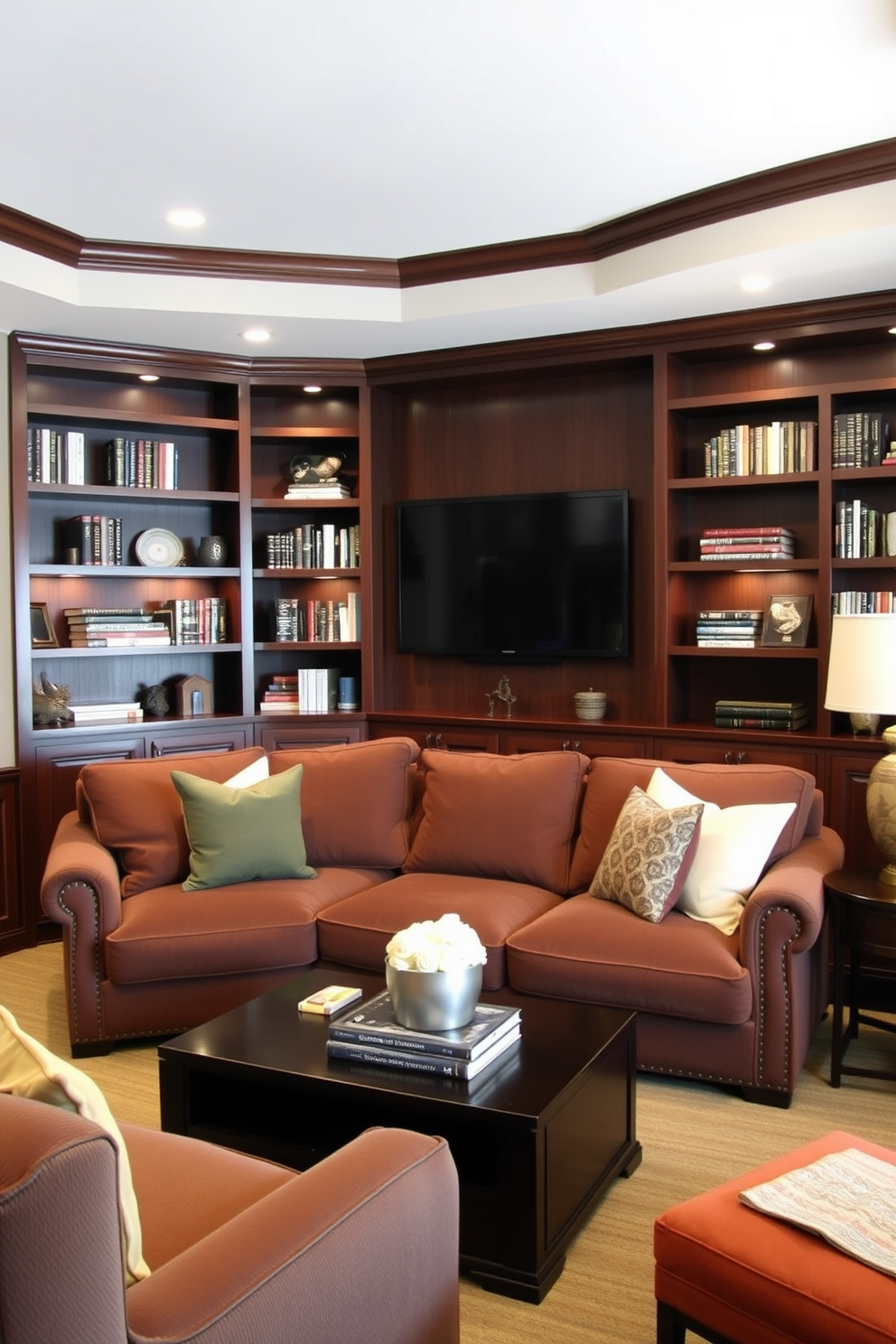 A cozy basement living room featuring built-in shelves that elegantly display a collection of books and decorative items. The shelves are crafted from dark wood, complementing the warm tones of the plush seating area, which includes a large sectional sofa and a stylish coffee table.