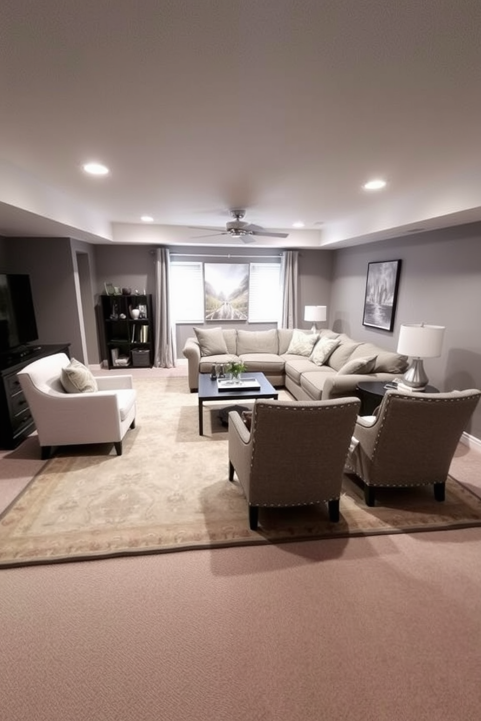 A cozy basement living room featuring a large area rug that defines the seating space. The rug is a soft, neutral color with subtle patterns, anchoring a sectional sofa and a pair of accent chairs arranged around a coffee table.