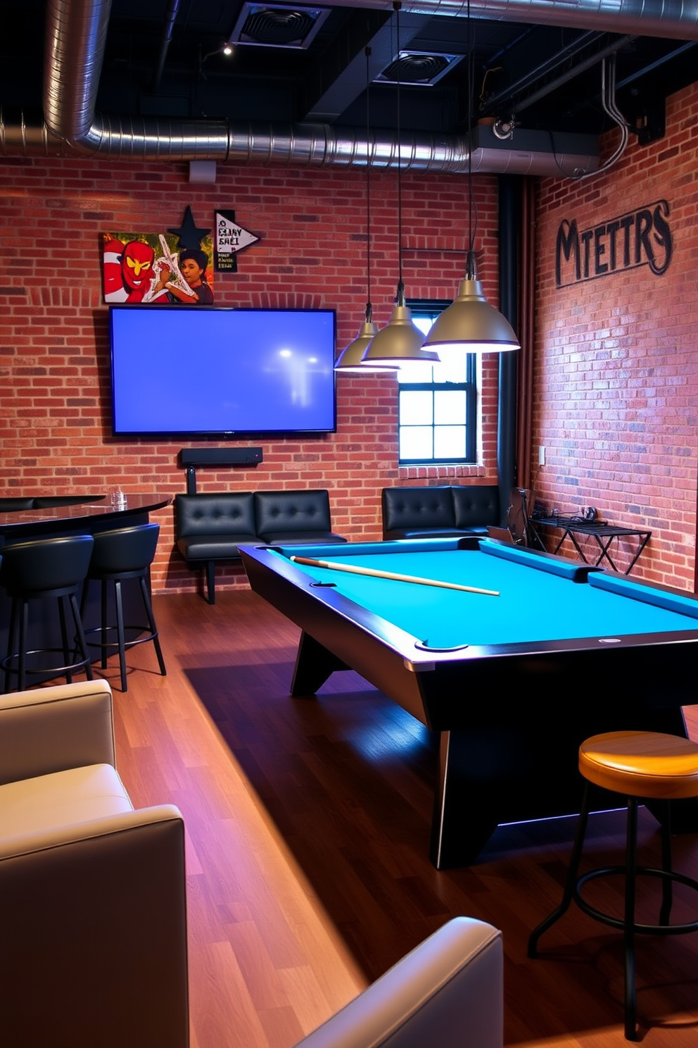 A stylish game zone featuring a sleek pool table as the centerpiece. Surrounding the table are comfortable lounge chairs and a mini bar with high stools, all set against a backdrop of exposed brick walls. The lighting is warm and inviting, with pendant lights hanging above the pool table. A large flat-screen TV is mounted on one wall, creating an ideal space for entertainment and relaxation.