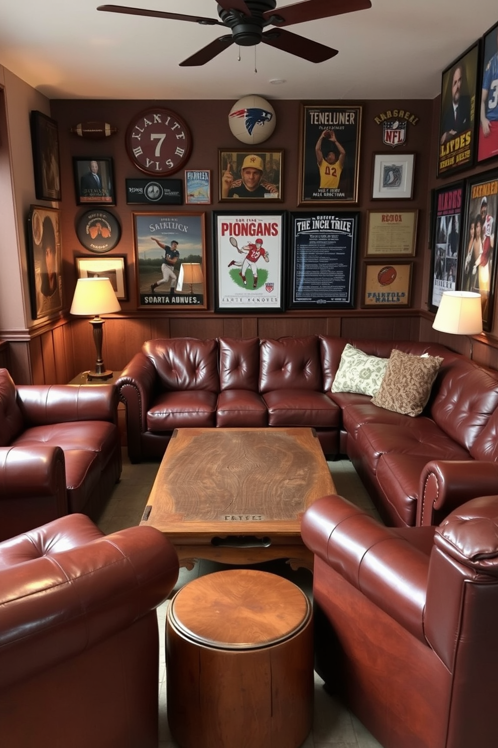 Cozy leather seating arrangement with deep cushions and a rich brown finish. The arrangement includes a large sectional sofa and a pair of matching armchairs, all centered around a rustic wooden coffee table. The walls are adorned with vintage sports memorabilia and framed posters, creating a relaxed atmosphere. Soft ambient lighting from stylish floor lamps enhances the inviting feel of the space.