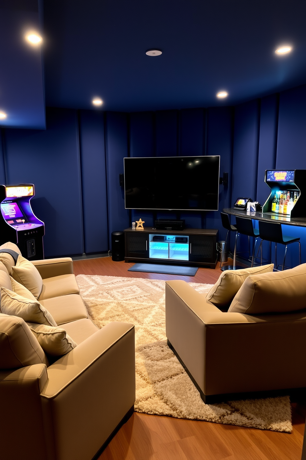 A stylish basement man cave featuring a wall-mounted TV positioned for optimal viewing angles. The space is designed with comfortable seating, ambient lighting, and a bar area to enhance the entertainment experience.