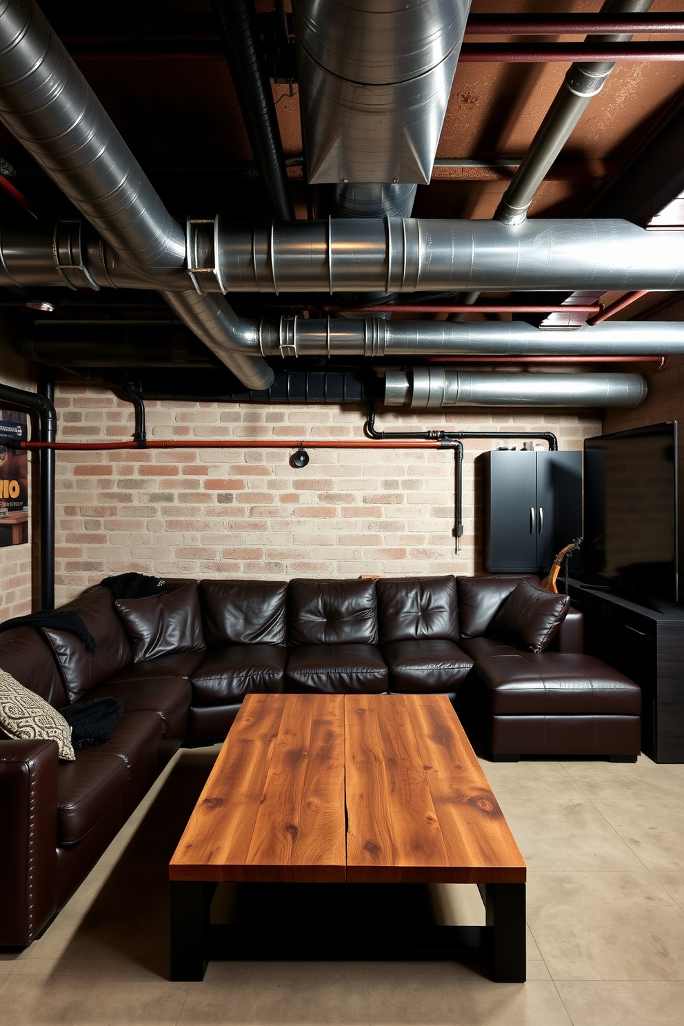 An industrial style basement man cave features exposed metal pipes and ductwork that add character to the space. The room is furnished with a large leather sectional sofa and a reclaimed wood coffee table, creating a cozy yet edgy atmosphere.