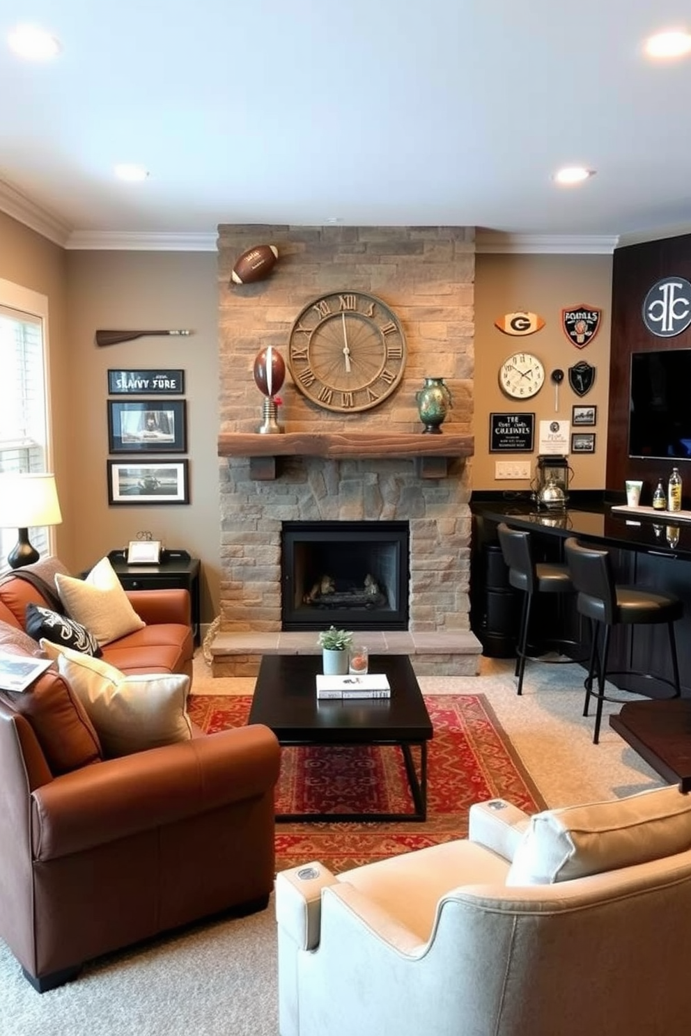 A cozy basement man cave designed for relaxation and entertainment. The focal point is a modern fireplace surrounded by comfortable seating, creating a warm and inviting atmosphere. The walls are adorned with sports memorabilia and artwork, enhancing the personal touch of the space. A large screen television is mounted above the fireplace, perfect for movie nights and game days.