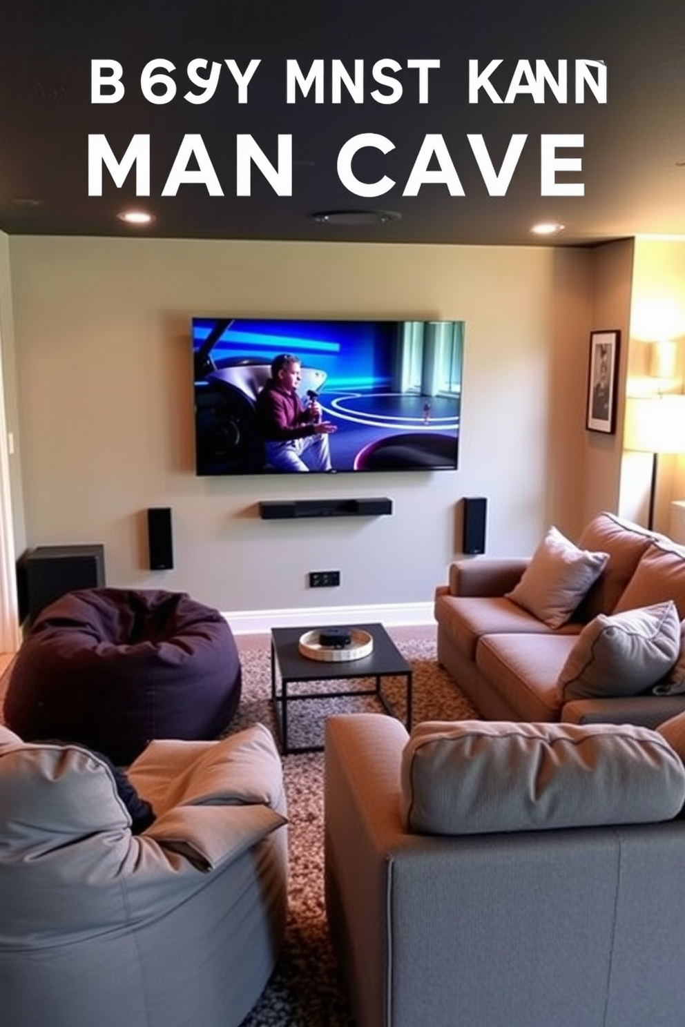 Create a cozy basement man cave with a wall-mounted TV positioned for optimal viewing angles. Include plush seating options like a large sectional sofa and bean bags, complemented by a stylish coffee table and ambient lighting.