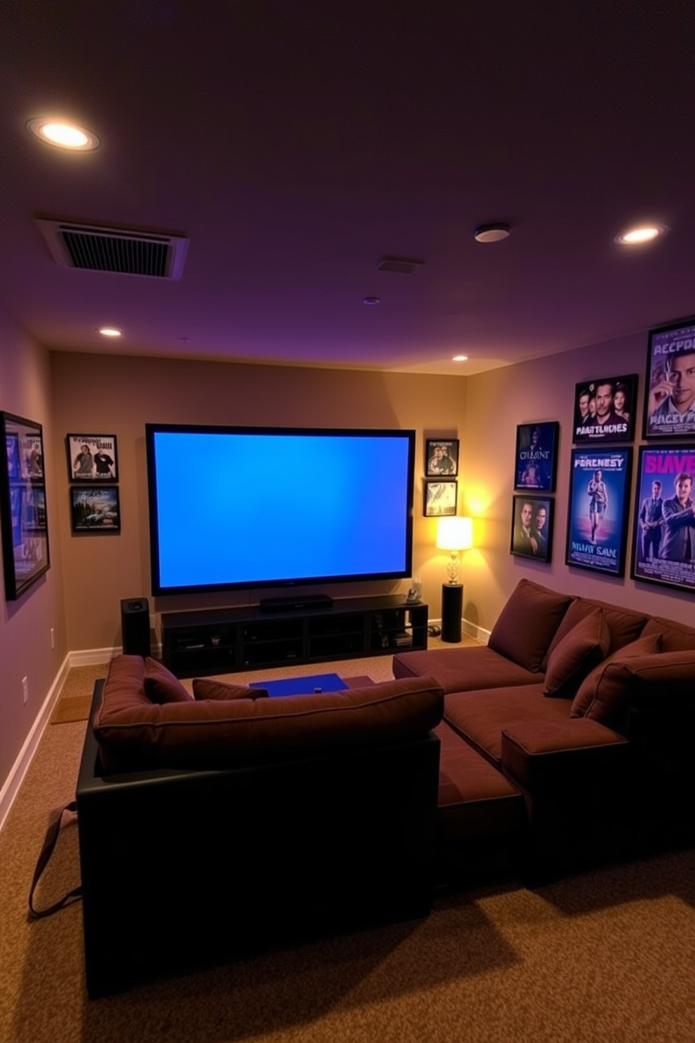 A cozy basement man cave featuring framed movie posters on the walls to create a cinematic vibe. The space includes a plush sectional sofa facing a large screen, with ambient lighting that enhances the movie-watching experience.