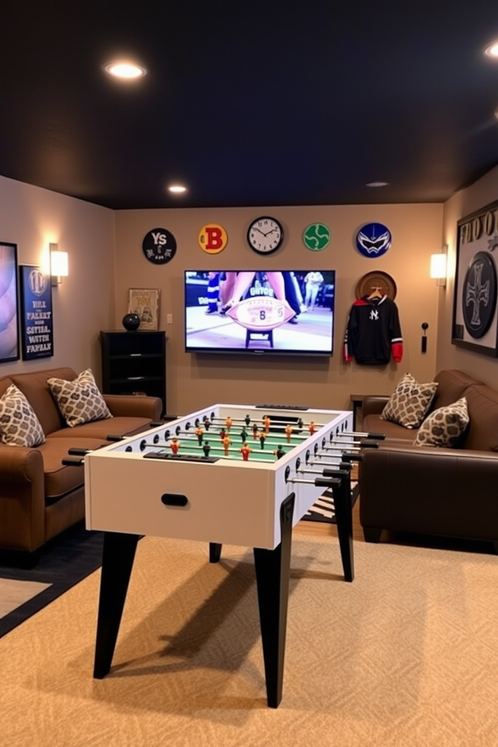 A cozy basement man cave features a mini fridge stocked with an assortment of snacks and drinks. The space is designed with comfortable seating, ambient lighting, and personal touches like sports memorabilia on the walls.