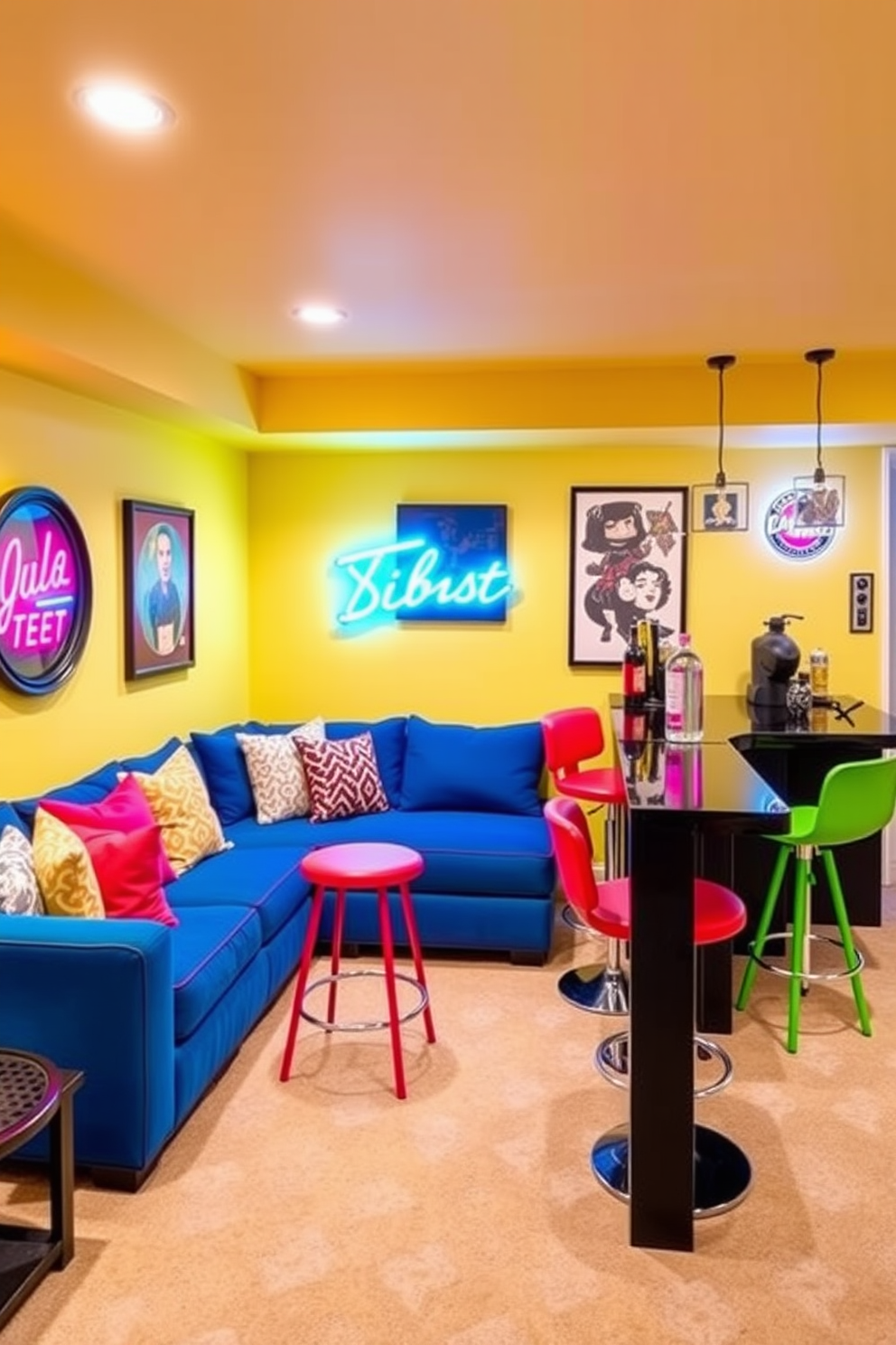 A vibrant basement man cave featuring bright accent colors to create a lively atmosphere. The walls are painted in a cheerful yellow, complemented by a bold blue sectional sofa and colorful throw pillows. A stylish bar area showcases a mix of red and green bar stools around a sleek black counter. Neon signs and artwork add personality and energy to the space, enhancing the overall fun vibe.