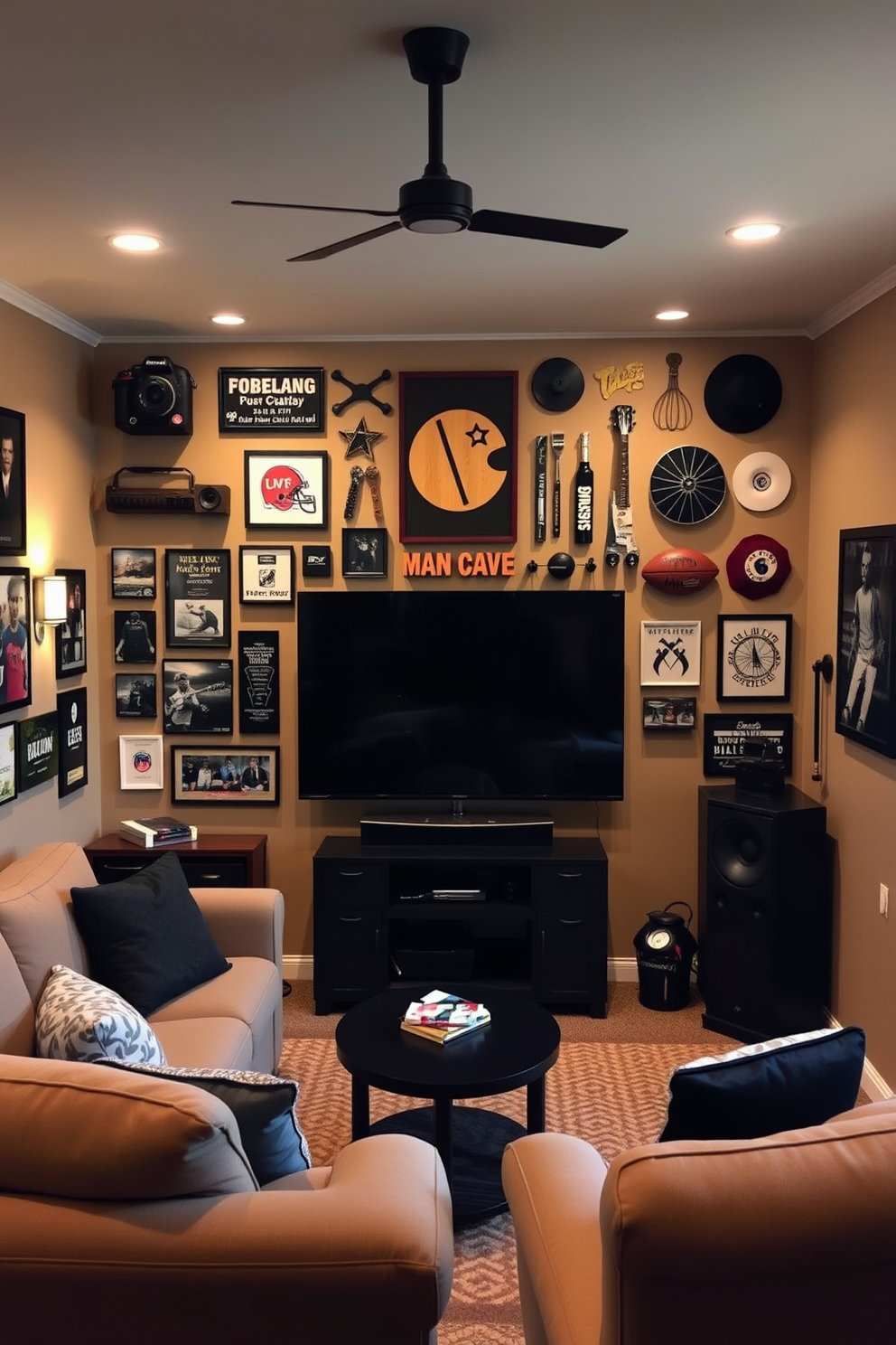 A cozy basement man cave featuring personalized wall art that highlights various hobbies such as photography, sports, and music. The space is designed with comfortable seating, a large screen for entertainment, and warm ambient lighting to create a welcoming atmosphere.