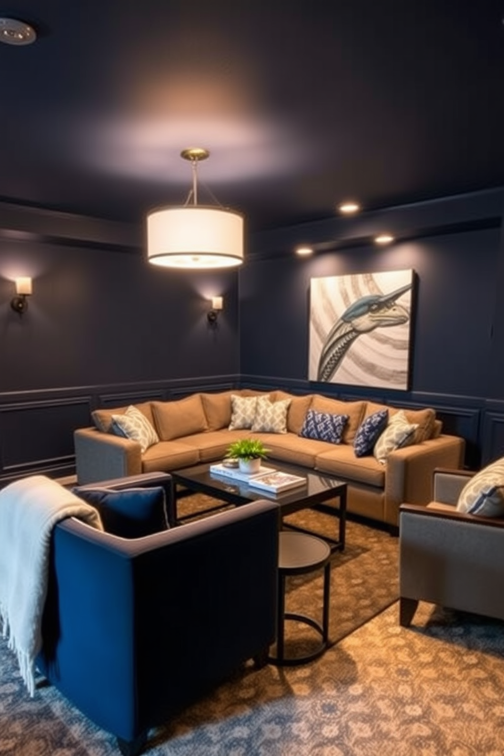 A cozy basement man cave designed for flexible seating to accommodate friends. The space features a large sectional sofa paired with a few stylish armchairs, all arranged around a central coffee table. The walls are painted a deep navy blue, creating a warm and inviting atmosphere. Ambient lighting is provided by wall sconces and a statement pendant light, enhancing the overall comfort of the room.