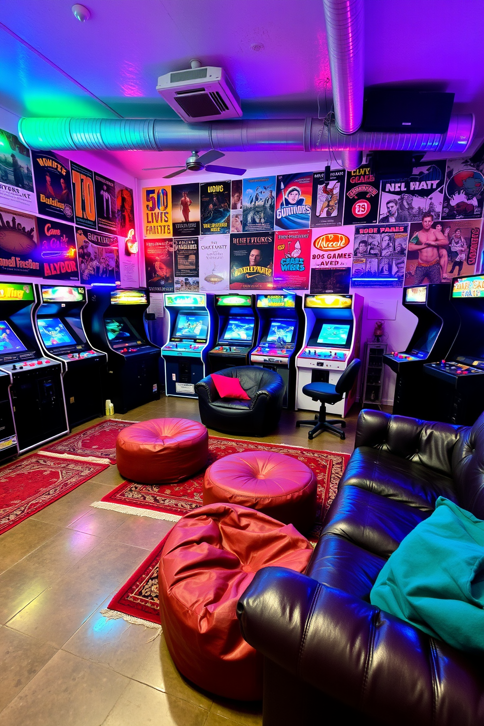 A vintage arcade game room filled with classic gaming machines from the 80s and 90s. The walls are adorned with retro posters and neon lights, creating a vibrant atmosphere for nostalgic fun. The flooring is a polished concrete with colorful rugs scattered throughout for comfort. A cozy seating area features leather couches and bean bags, inviting friends to gather and enjoy the games.