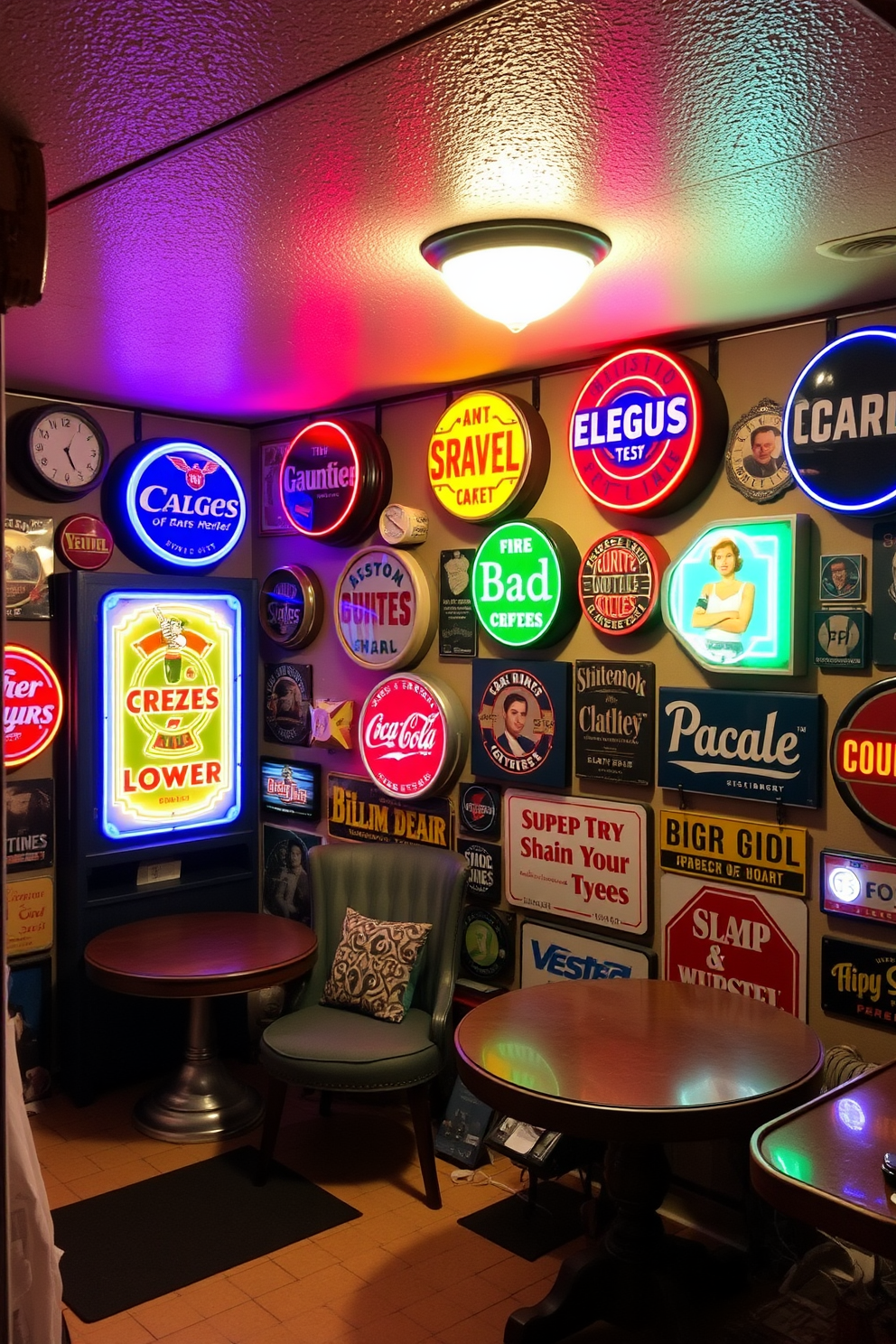 A cozy basement man cave filled with vintage signs that evoke nostalgia. The walls are adorned with colorful retro signage, creating a vibrant and inviting atmosphere.