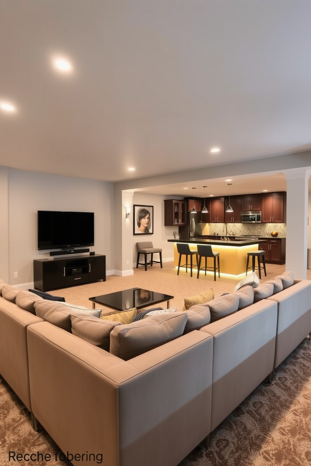 A stylish basement man cave featuring large patio doors that open up to an outdoor area. The space is designed with comfortable seating, a large flat-screen TV, and a mini bar for entertainment.