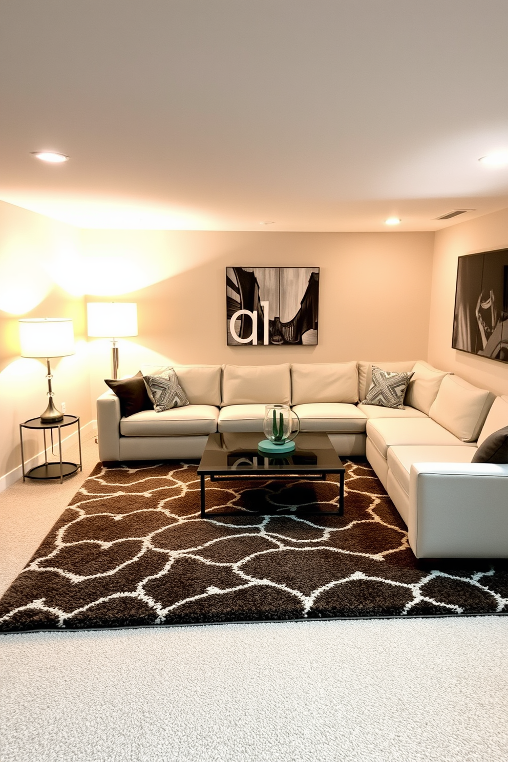 A cozy basement man cave is designed with a plush area rug that anchors the seating area. The rug features a bold geometric pattern, adding a touch of modern flair to the warm, inviting atmosphere. A large sectional sofa is positioned around a sleek coffee table, creating an ideal space for relaxation and entertainment. Soft ambient lighting from stylish floor lamps enhances the comfortable vibe of the room.