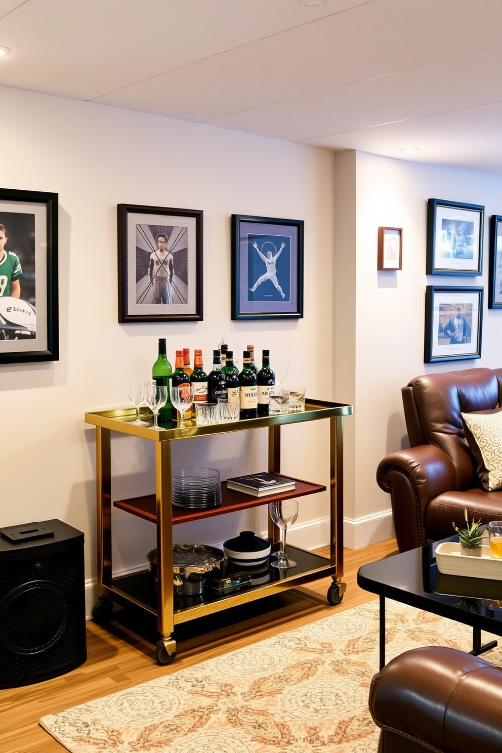 A sleek bar cart stands elegantly in the corner of the room, crafted from polished wood with brass accents. It is adorned with an array of premium spirits, crystal glassware, and decorative coasters, creating an inviting atmosphere for entertaining guests. The basement man cave features comfortable leather seating arranged around a modern coffee table. The walls are decorated with framed sports memorabilia and ambient lighting enhances the cozy vibe, making it the perfect retreat for relaxation and fun.