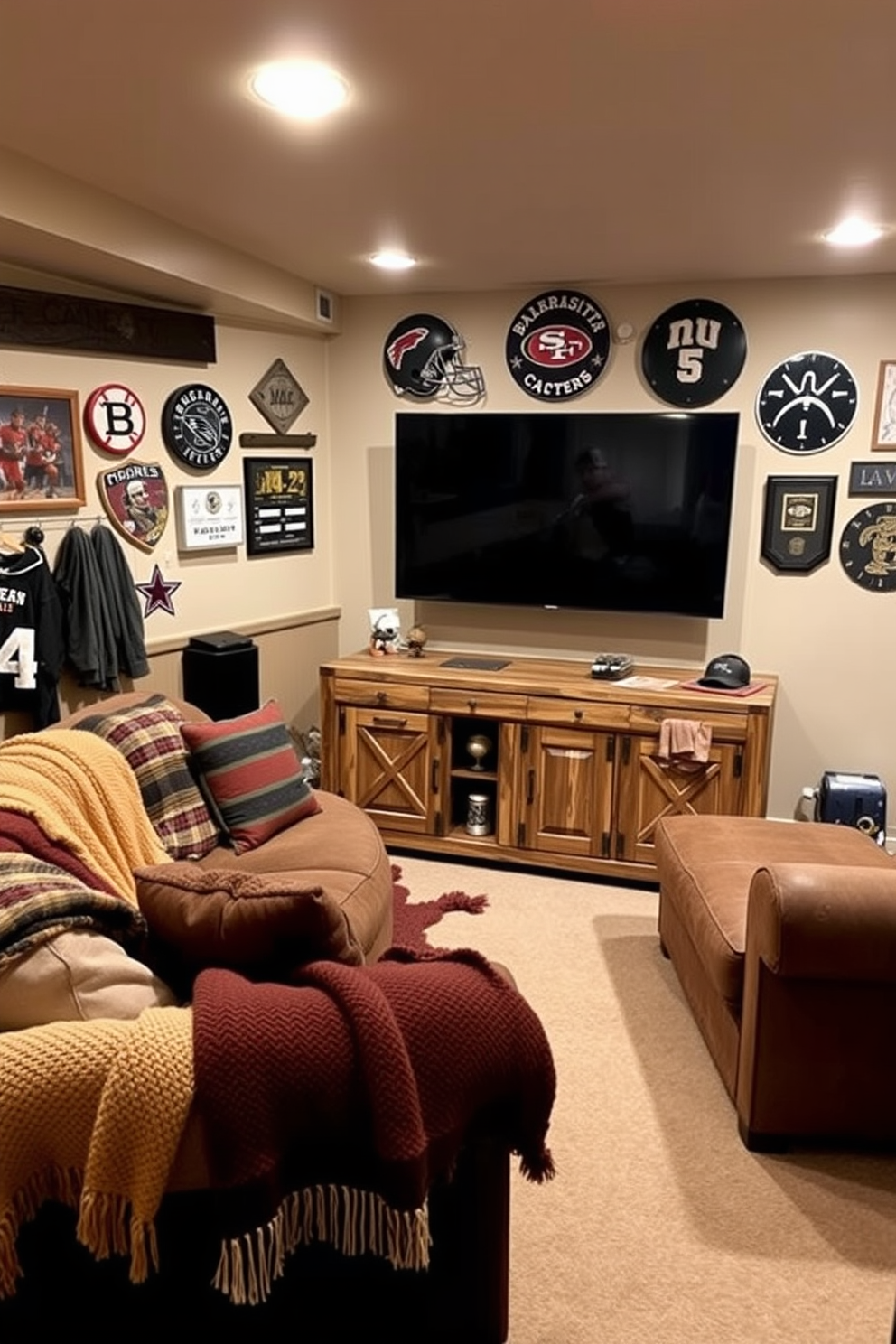 A cozy basement man cave featuring comfortable throw blankets draped over a plush sectional sofa. The walls are adorned with sports memorabilia, and a large flat-screen TV is mounted above a rustic wooden media console.