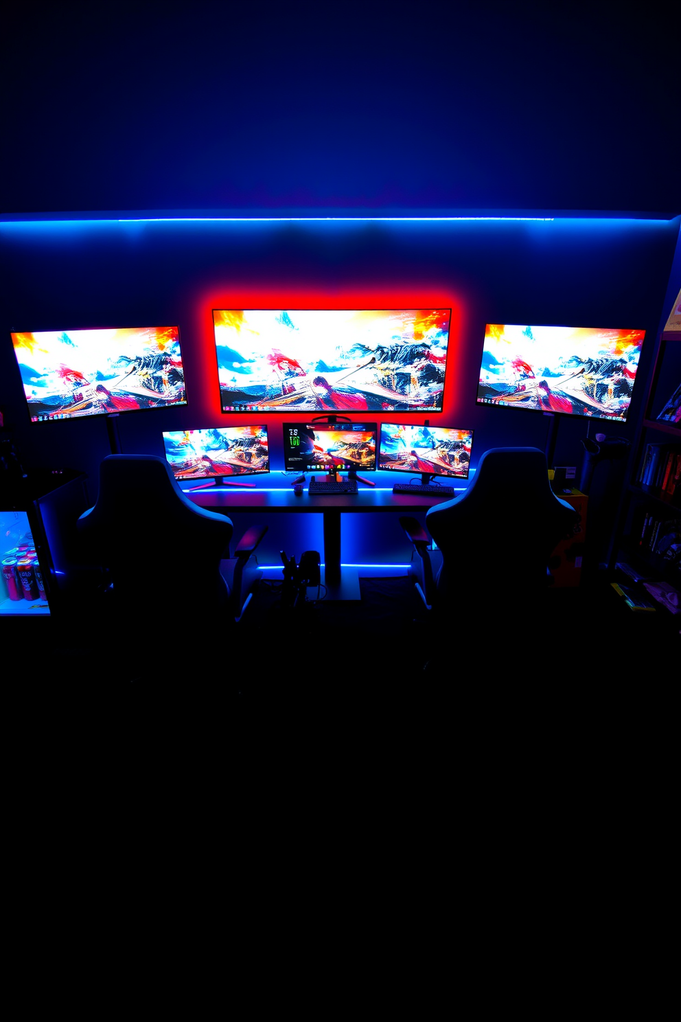 A sleek gaming setup with multiple screens dominates the room. The walls are painted in a deep navy blue, and the floor is covered with a plush black carpet. In the center, a modern desk holds three large monitors, each displaying vivid graphics. Ambient LED lighting strips run along the desk edges and behind the screens, creating a dynamic atmosphere. Comfortable gaming chairs are positioned at the desk, featuring ergonomic designs and adjustable features. To the side, a mini fridge is stocked with drinks, and shelves display a collection of gaming memorabilia.