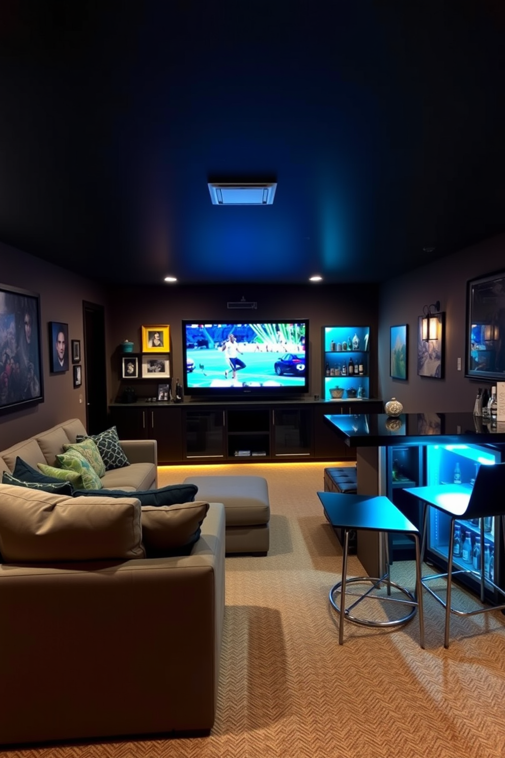 A cozy basement man cave featuring unique light fixtures that add character to the space. The room is designed with comfortable seating, a large screen for entertainment, and a bar area with stylish stools.