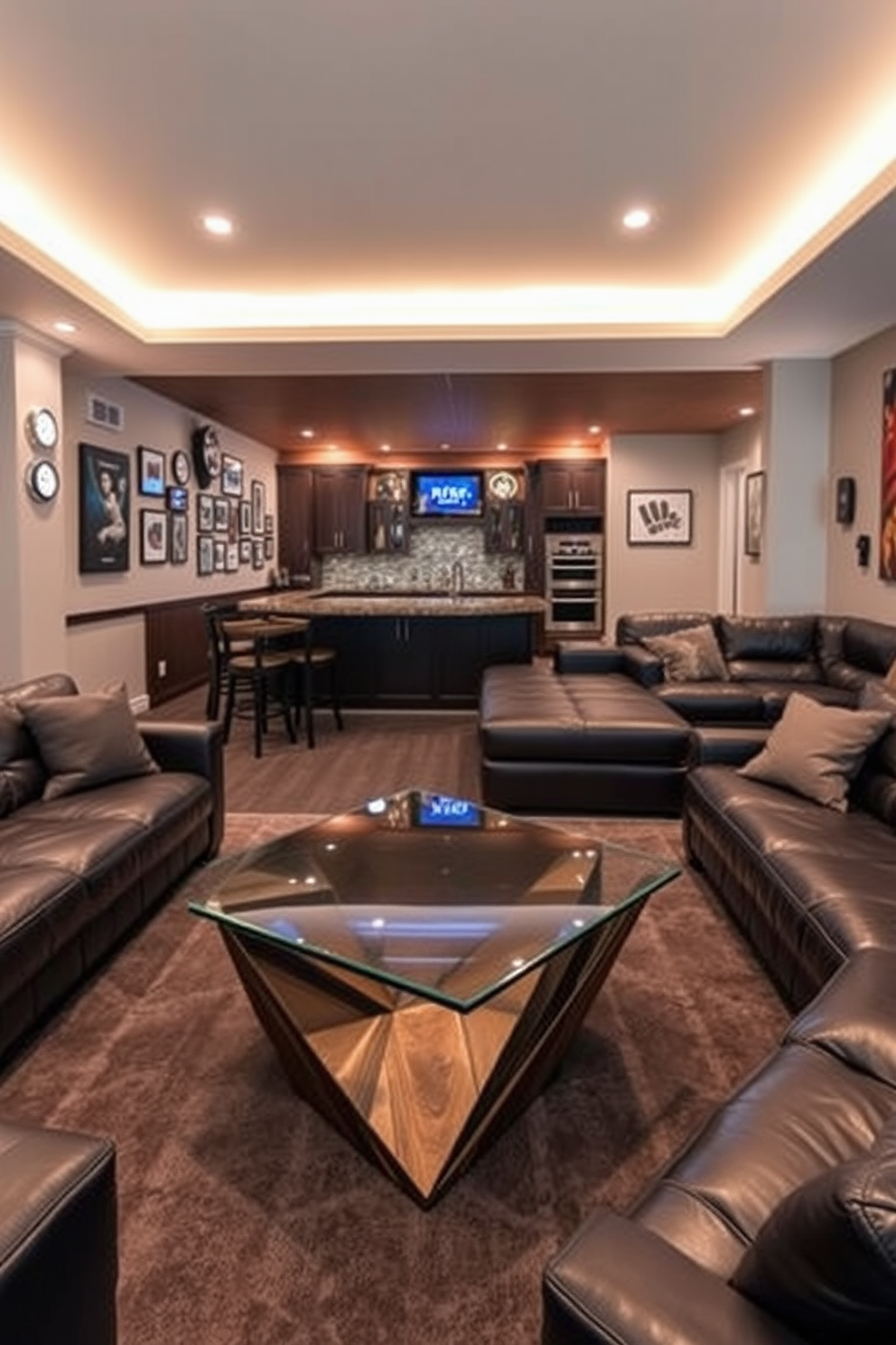 A unique coffee table designed as a conversation starter features a geometric shape with a glass top and a sculptural wooden base. Surrounding the table, plush seating in rich, dark leather creates an inviting atmosphere for relaxation and socializing. The basement man cave is designed with a cozy yet modern aesthetic, incorporating a large sectional sofa and a custom-built bar area. Walls adorned with sports memorabilia and ambient lighting set the mood for entertainment and enjoyment.