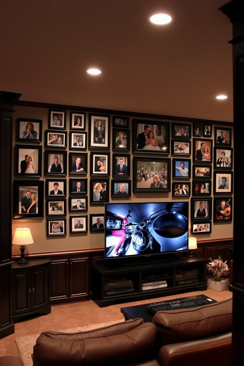 A gallery wall featuring personal photos creates a warm and inviting atmosphere. The wall is adorned with a variety of framed pictures in different sizes, showcasing cherished memories and moments. The basement man cave design includes comfortable seating and a large entertainment system. Dark wood accents and ambient lighting create a cozy yet stylish retreat for relaxation and entertainment.