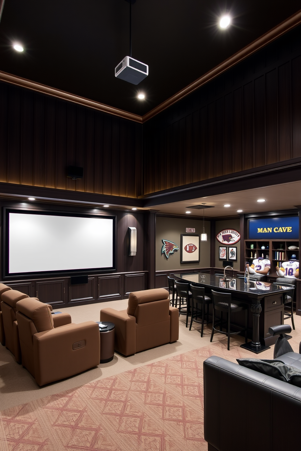 A luxurious home theater featuring plush reclining seats arranged in a staggered formation for optimal viewing. The walls are adorned with dark acoustic panels and the ceiling is illuminated with soft LED lighting for a cinematic atmosphere. The space includes a large screen at the front and a state-of-the-art sound system integrated into the design. A mini bar is positioned to one side, stocked with snacks and beverages, creating the perfect environment for entertainment.