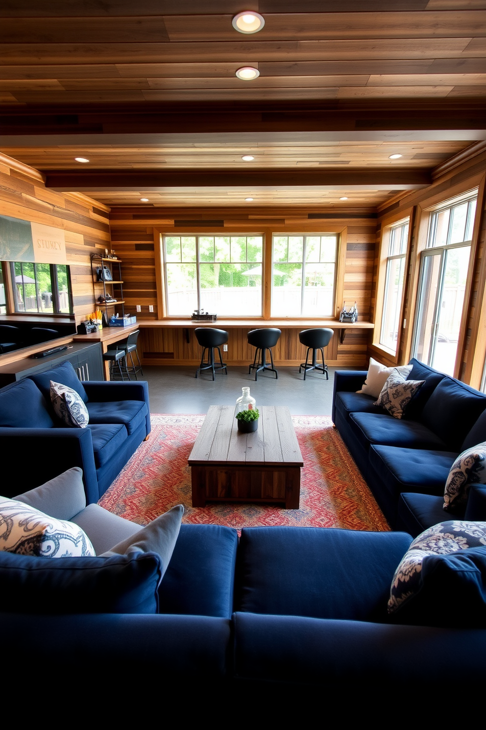 A stylish basement man cave featuring a large sectional sofa in a deep navy blue fabric. The walls are adorned with reclaimed wood paneling, and a rustic coffee table sits in the center, surrounded by cozy accent chairs. Natural light streams in through large windows that provide outdoor access, creating an inviting atmosphere. A well-stocked bar area with high stools complements the entertainment setup, which includes a big-screen TV and gaming consoles.