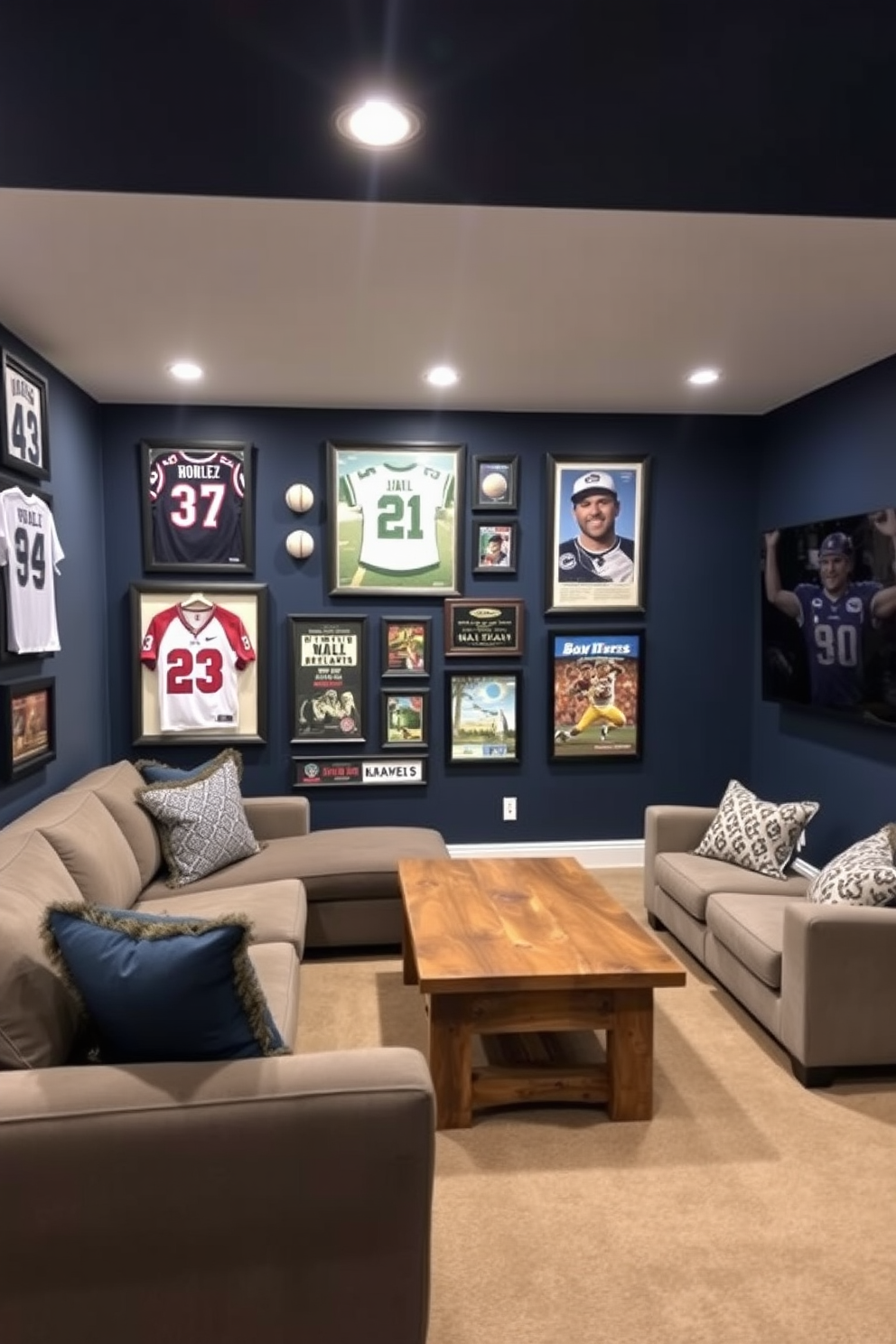 A dynamic sports memorabilia display wall featuring framed jerseys, signed baseballs, and vintage posters. The wall is painted in a deep navy blue to create a striking contrast with the memorabilia, while spotlights highlight the collection. A cozy basement man cave designed for relaxation and entertainment. The space includes a plush sectional sofa, a large flat-screen TV mounted on the wall, and a rustic wooden coffee table at the center.