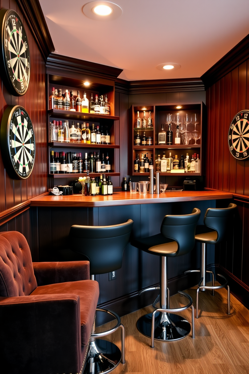 A cozy mini bar area featuring sleek stylish stools positioned around a polished wooden counter. The walls are adorned with dark wood paneling, and shelves lined with an array of spirits and glassware create an inviting atmosphere. In one corner, a plush lounge chair complements the space, while ambient lighting casts a warm glow. A vintage dartboard hangs on the wall, adding a touch of fun to this man cave retreat.