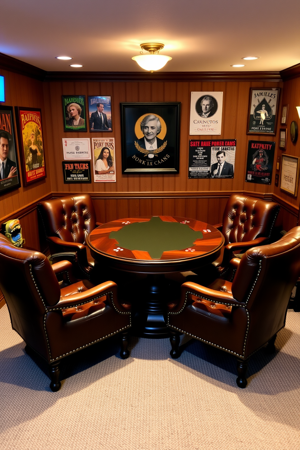 A cozy basement man cave designed for poker and board games features a large wooden game table at the center surrounded by comfortable leather chairs. The walls are adorned with vintage posters, and soft ambient lighting creates an inviting atmosphere perfect for entertaining friends.