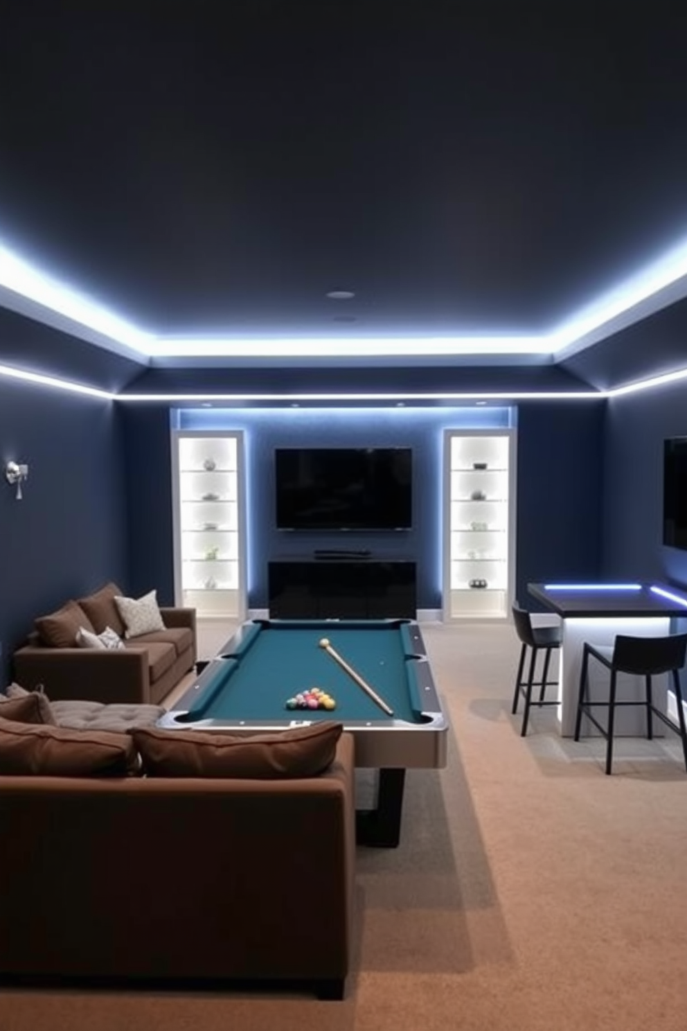 A classic pool table is the centerpiece of a stylish basement man cave, surrounded by rich wood paneling and ambient lighting. Plush leather seating is arranged around the table, creating an inviting space for friends and family to gather and enjoy games together.