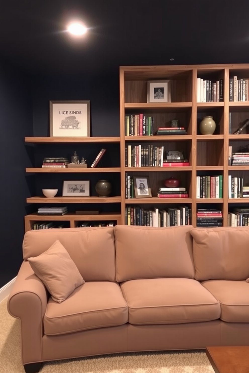 Custom shelving for books and decor creates a stylish and functional space in a basement man cave. The shelves are crafted from reclaimed wood and feature a mix of open and closed storage to showcase decorative items and organize books. The walls are painted in a deep navy blue, providing a cozy backdrop for the shelving. A plush sectional sofa in a neutral tone sits in front of the shelves, inviting relaxation and conversation.