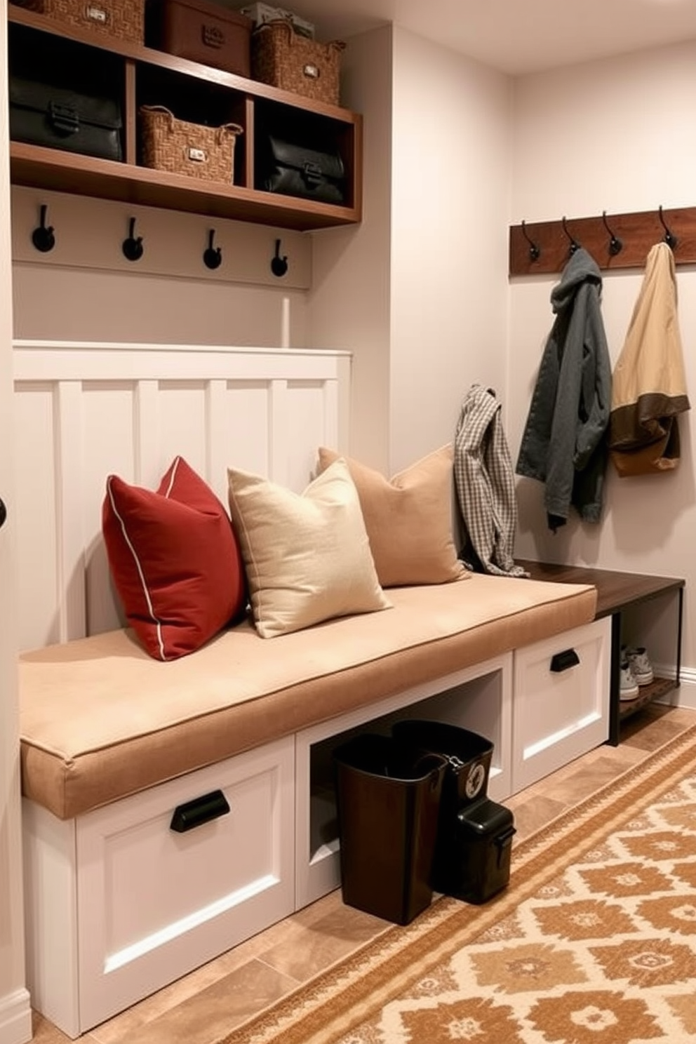 Open shelving lines the walls of the mudroom, providing easy access to frequently used items like shoes and jackets. The space features a combination of natural wood and metal accents, creating a functional yet stylish atmosphere. A cozy bench is positioned beneath the shelving, adorned with plush cushions for added comfort. The walls are painted in a soft gray hue, while the floor is covered with durable, patterned tiles that can withstand heavy foot traffic.