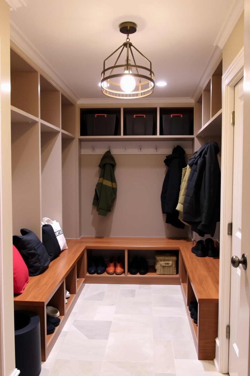 A functional mudroom design in a basement featuring built-in storage benches and cubbies for shoes and coats. The space is illuminated with recessed lighting and a stylish pendant light, ensuring bright visibility and a welcoming atmosphere.