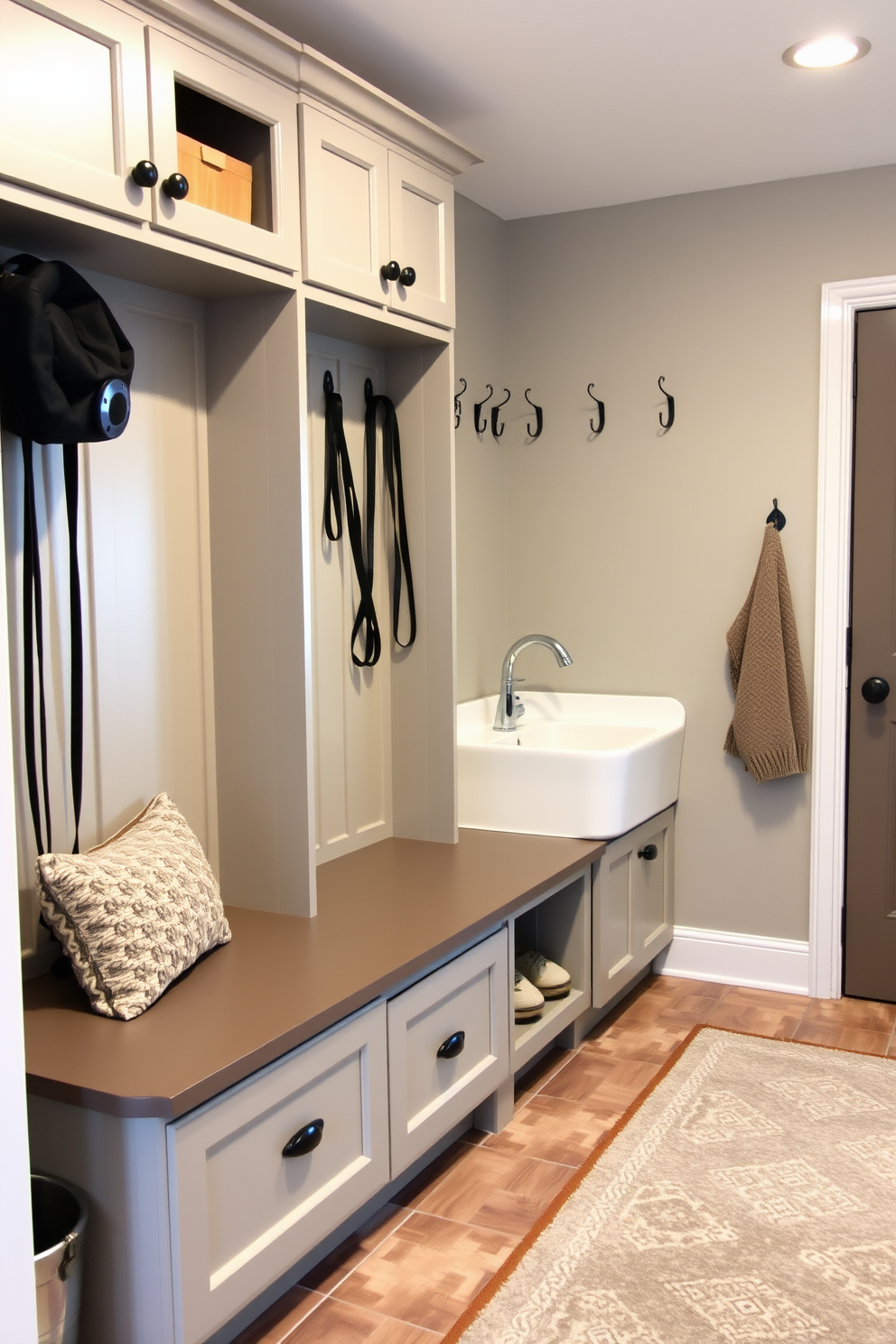 A functional mudroom with a designated pet washing station. The space features built-in cabinetry for storage, a bench for seating, and a large sink designed for washing pets, complete with a handheld shower head. The walls are painted in a soft gray, complemented by a durable tile floor that can withstand moisture. Decorative hooks line the wall for hanging leashes and bags, while a cozy rug adds warmth to the area.