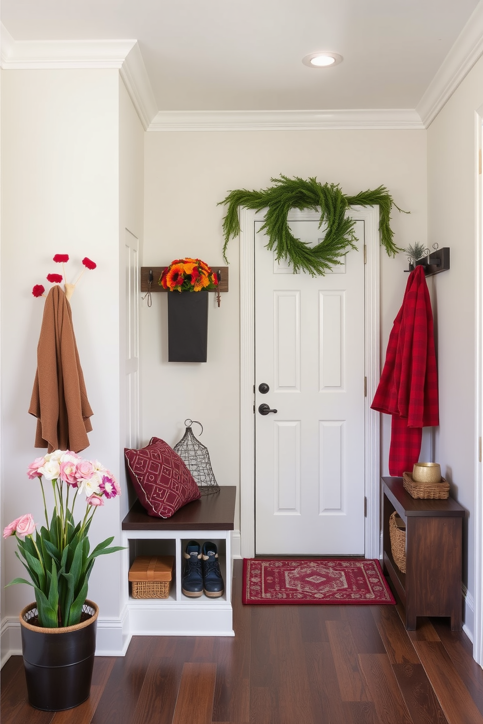 A cozy mudroom with seating that incorporates hidden storage compartments. The bench is upholstered in a soft fabric, and beneath it, spacious drawers provide ample room for shoes and outdoor gear. The walls are painted in a warm neutral tone, complemented by decorative hooks for coats and bags. A stylish area rug adds a pop of color, while natural light streams in through a nearby window.