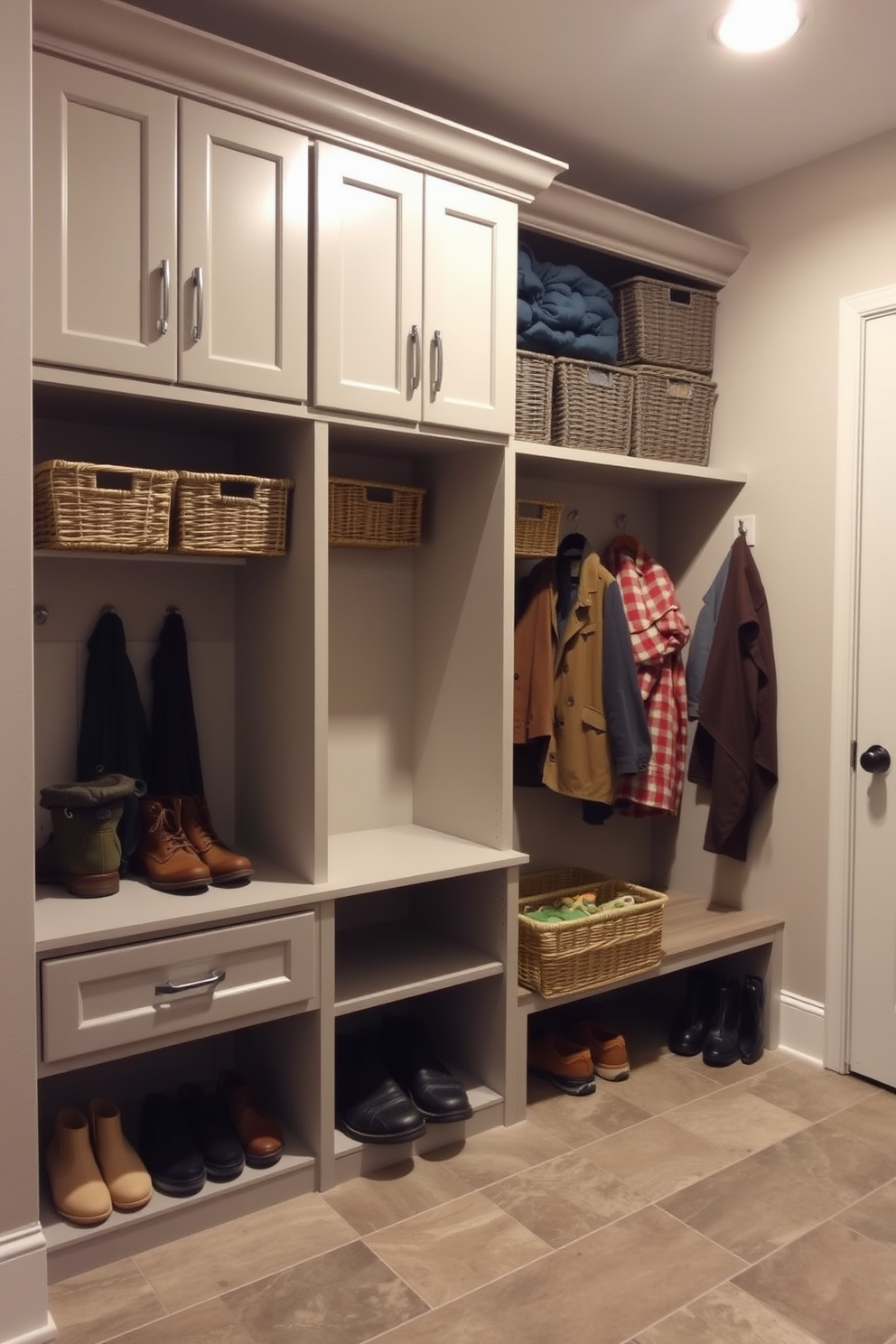 A vertical storage solution for a small space features sleek shelving units that maximize wall space while keeping the floor area open. The shelves are filled with neatly organized bins and decorative boxes, creating a visually appealing and functional storage option. The basement mudroom design includes built-in benches with cubbies for shoes and hooks for coats. Natural light floods the space through a nearby window, highlighting the warm wood tones and inviting color palette.