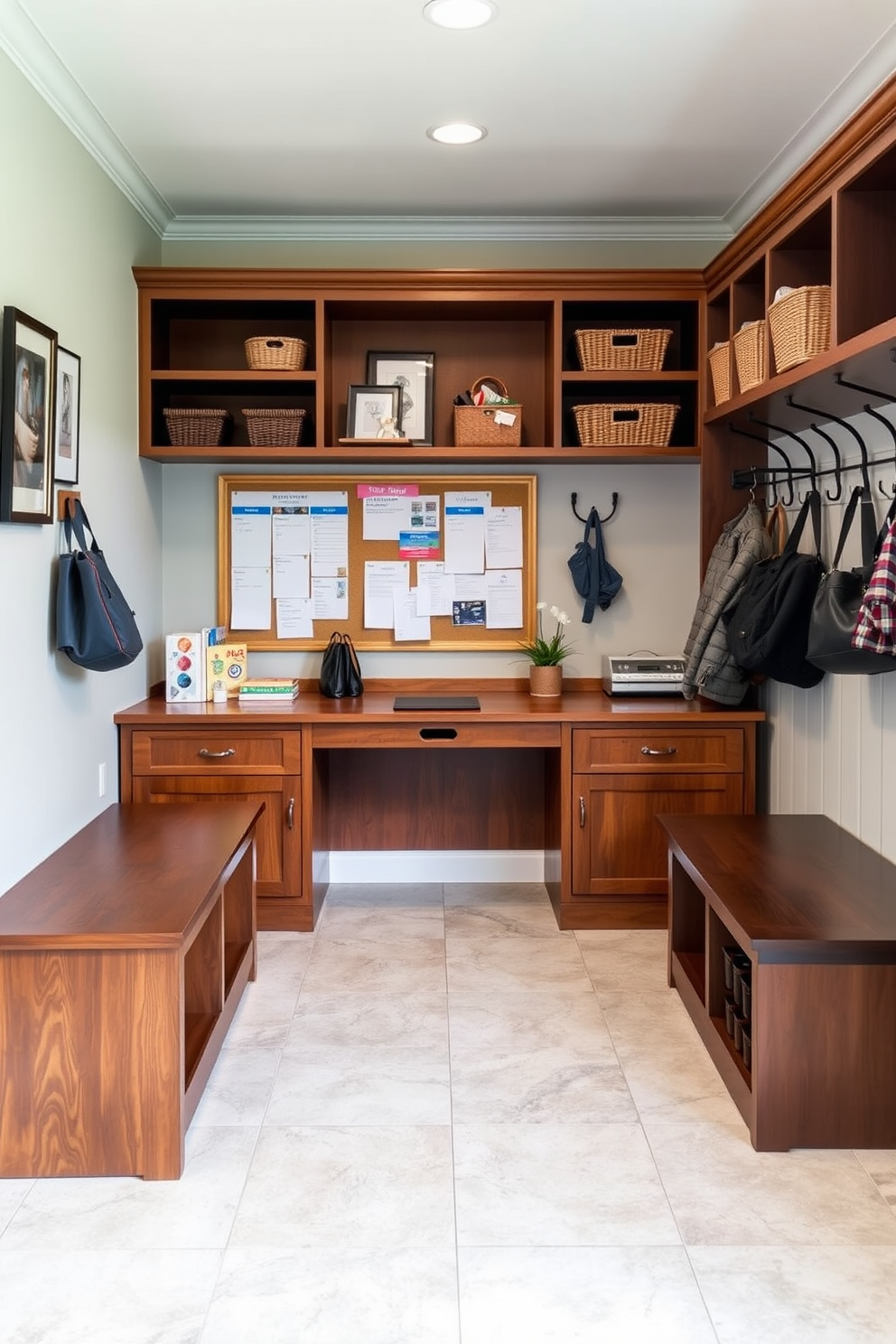 A functional family command center area is designed with a large wooden desk that serves as a central hub for organization. Above the desk, a bulletin board displays family schedules and important reminders, while stylish shelves hold baskets for mail and supplies. The basement mudroom features a combination of built-in benches and cubbies for storage. Hooks line the wall for coats and bags, and a durable tile floor provides easy cleanup for muddy shoes.