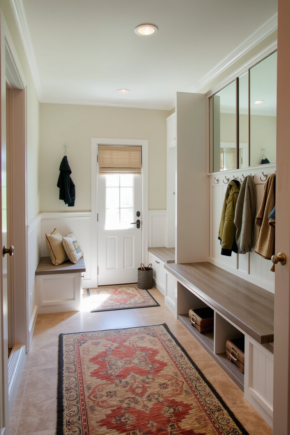 A stylish basement mudroom features a combination of functional storage and aesthetic appeal. The space includes built-in benches with plush cushions and hooks for coats, while large mirrors on the walls reflect light and create an illusion of spaciousness. The floor is covered with durable, water-resistant tiles in a neutral tone, complemented by a decorative area rug for warmth. Natural light streams in through a small window, enhancing the inviting atmosphere of this practical yet beautiful space.