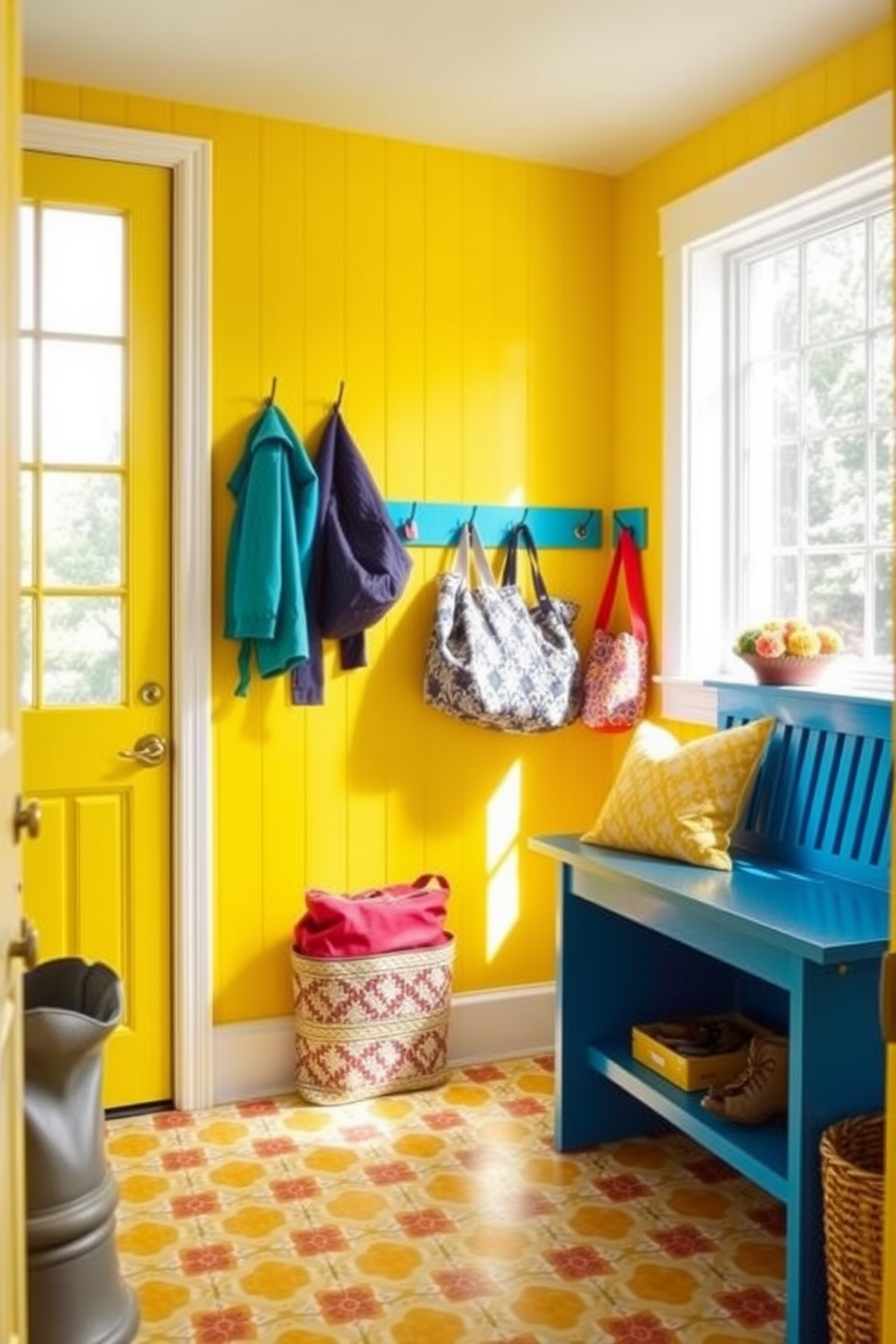 Bright colors for a cheerful atmosphere. The mudroom features vibrant yellow walls with a playful blue bench and colorful wall hooks for coats and bags. A large window allows natural light to flood the space, enhancing the lively colors. The floor is tiled with cheerful patterned ceramic tiles that add to the overall bright and welcoming feel of the room.