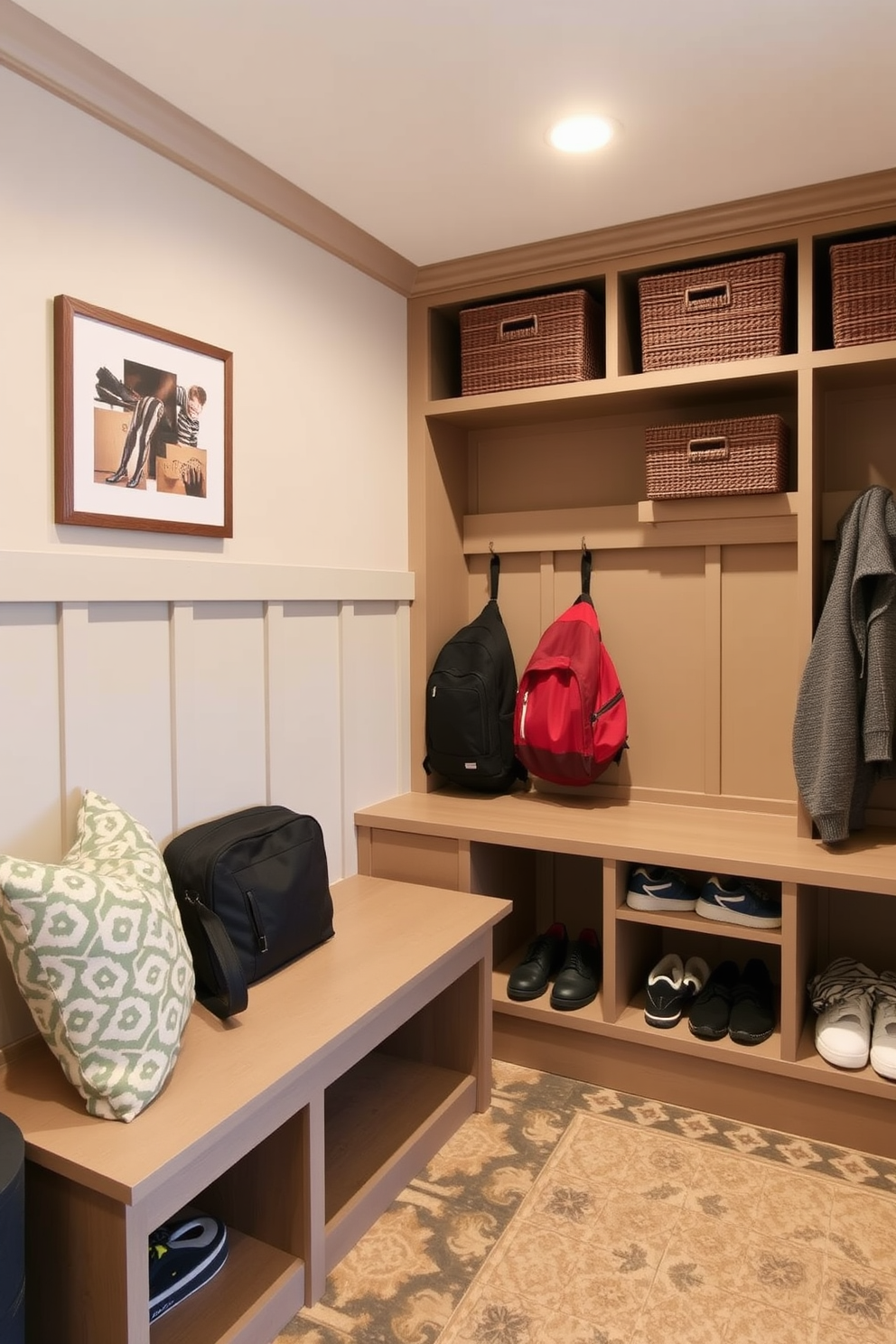 Create a functional drop zone for everyday essentials in a basement mudroom. Incorporate built-in storage with cubbies for shoes and backpacks, along with a bench for seating and convenience.