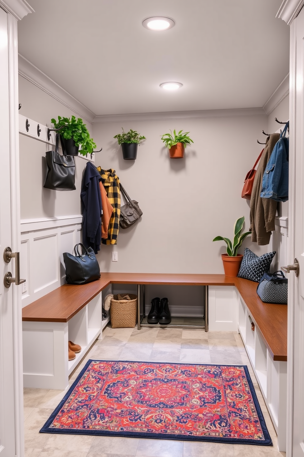 A stylish mudroom located in a basement with a functional layout. The space features built-in storage benches with hooks above for coats and bags, complemented by potted plants that add a touch of greenery. The walls are painted in a light gray tone, enhancing the brightness of the area. Durable flooring made of large ceramic tiles provides easy maintenance and is accented by a colorful area rug.