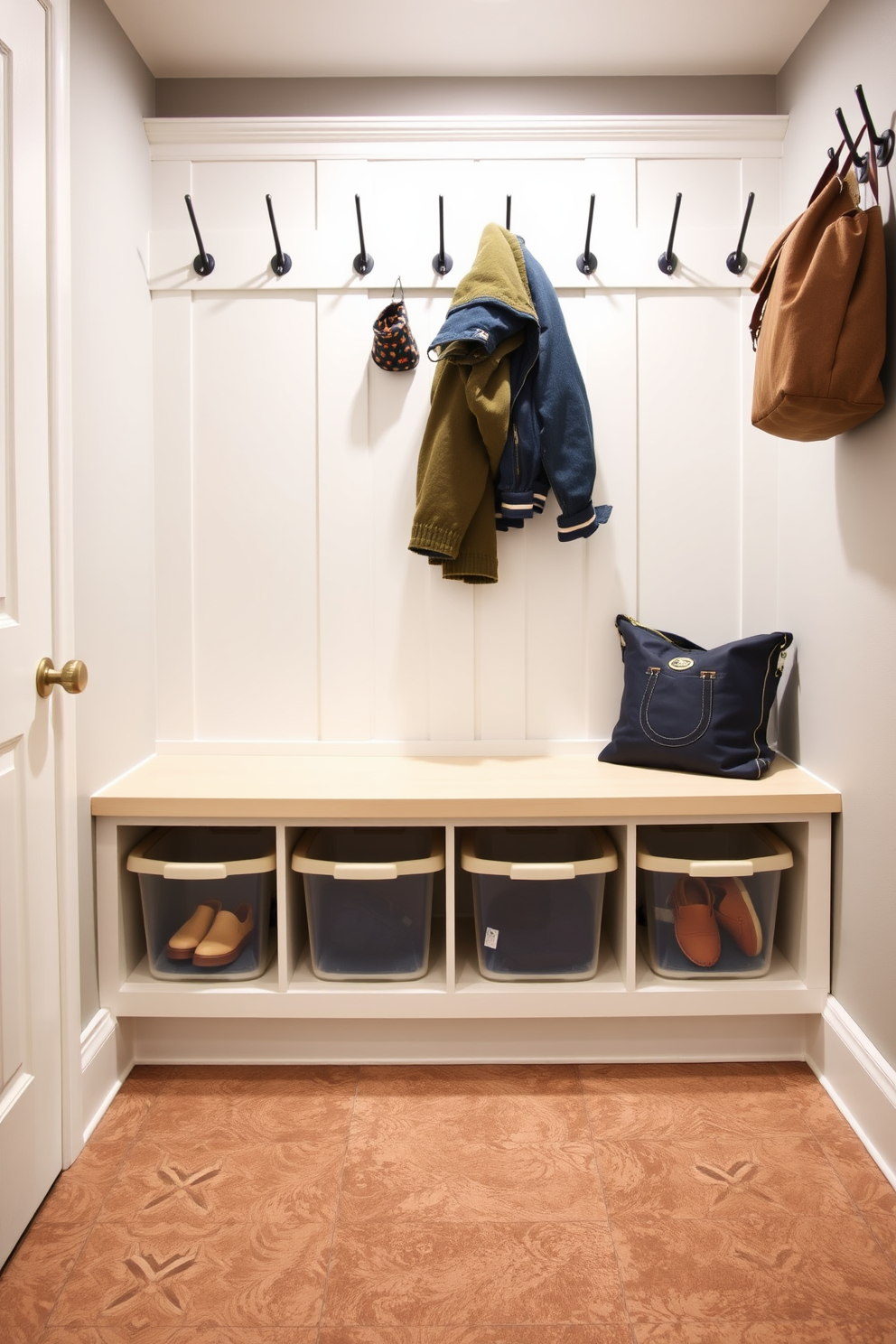 A functional mudroom design featuring clear bins for easy visibility and organization. The space includes a built-in bench with hooks above for coats and bags, while the floor is covered in durable, water-resistant tiles.