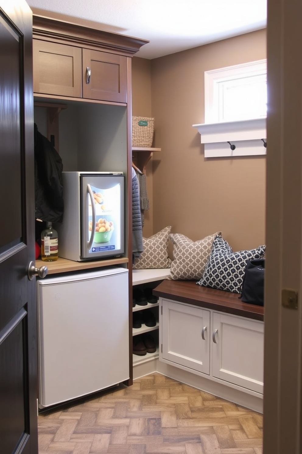 A cozy basement mudroom designed for functionality and style. The space features a small refrigerator tucked into a built-in cabinet for easy access to snacks, complemented by a bench with storage underneath for shoes and outdoor gear. The walls are painted in a warm taupe color, creating an inviting atmosphere. Durable tile flooring in a herringbone pattern adds a touch of elegance while being practical for high-traffic use.