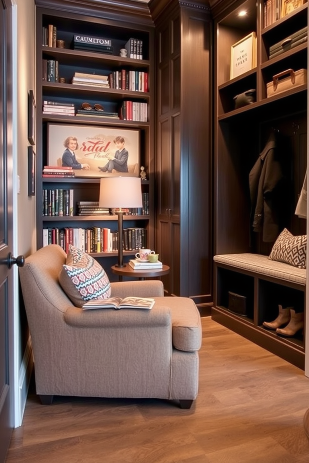 Create a cozy reading nook in the corner with a plush armchair upholstered in soft fabric and a small side table for books and a warm beverage. Surround the nook with built-in shelves filled with books and personal mementos, and add a floor lamp with a warm glow for inviting light. Design a functional mudroom with durable flooring and a built-in bench for seating. Include hooks for coats, a storage cabinet for shoes, and a small area for organizing bags and outdoor gear, all in a color palette that complements the rest of the home.