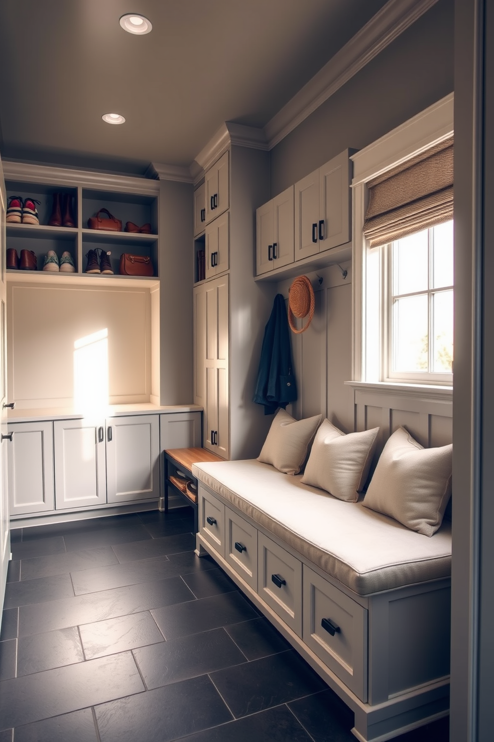 A spacious mudroom with a combination of open and closed storage solutions. The walls are painted in a soft gray, and there are built-in shelves for displaying shoes and bags, along with a row of closed cabinets for storing seasonal items. A large bench with plush cushions provides a comfortable seating area, while hooks above the bench offer convenient access for coats and hats. Natural light floods the space through a nearby window, illuminating the durable tile flooring that complements the overall design.