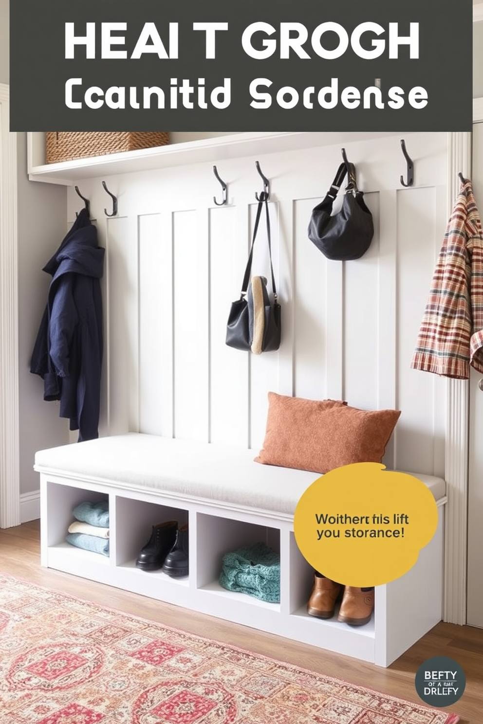 A functional mudroom design featuring a bench with lift-top storage. The bench is upholstered in a durable fabric and positioned against a wall with hooks for coats and bags.